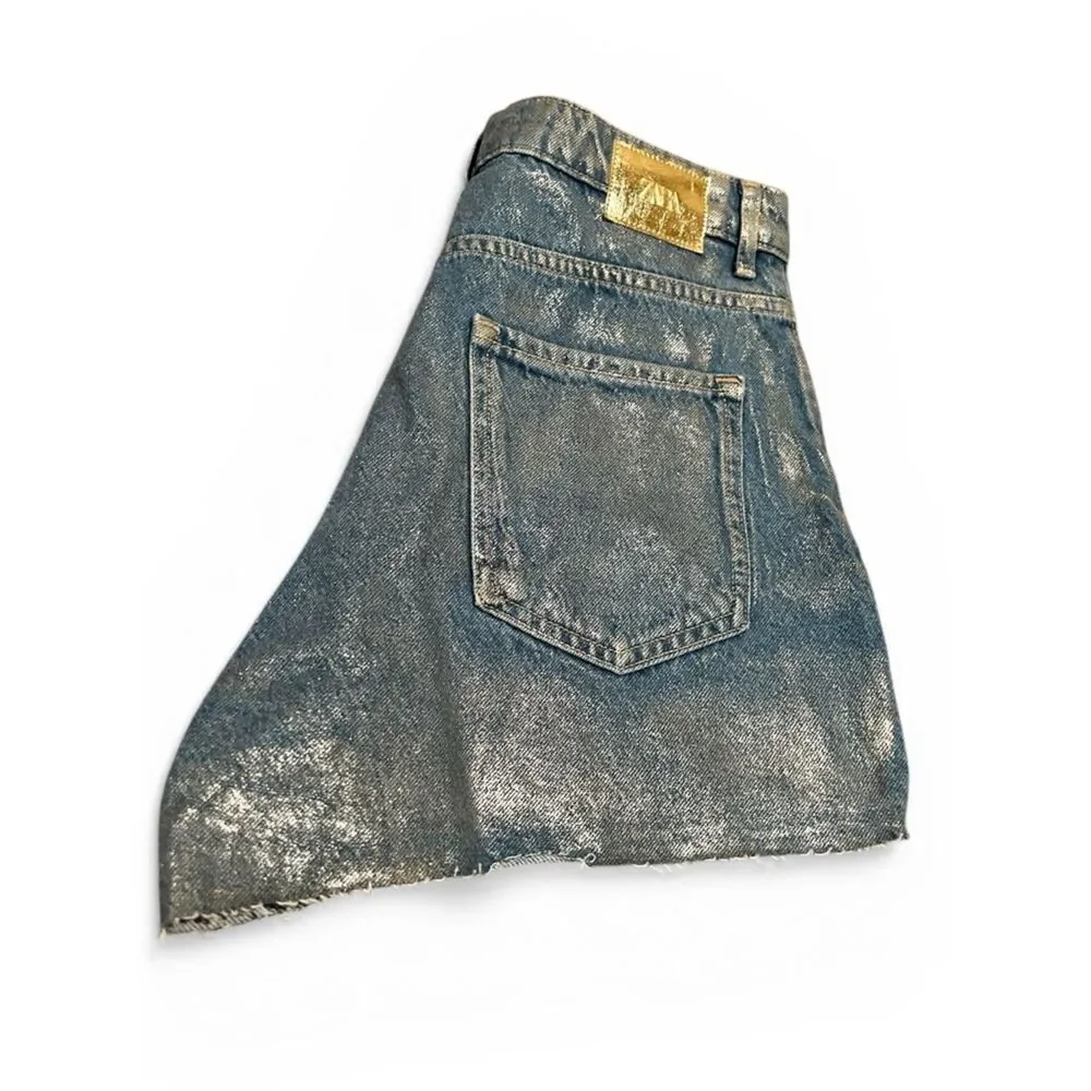 ZARA high-waist foil waxed denim shorts Size 6 NWOT